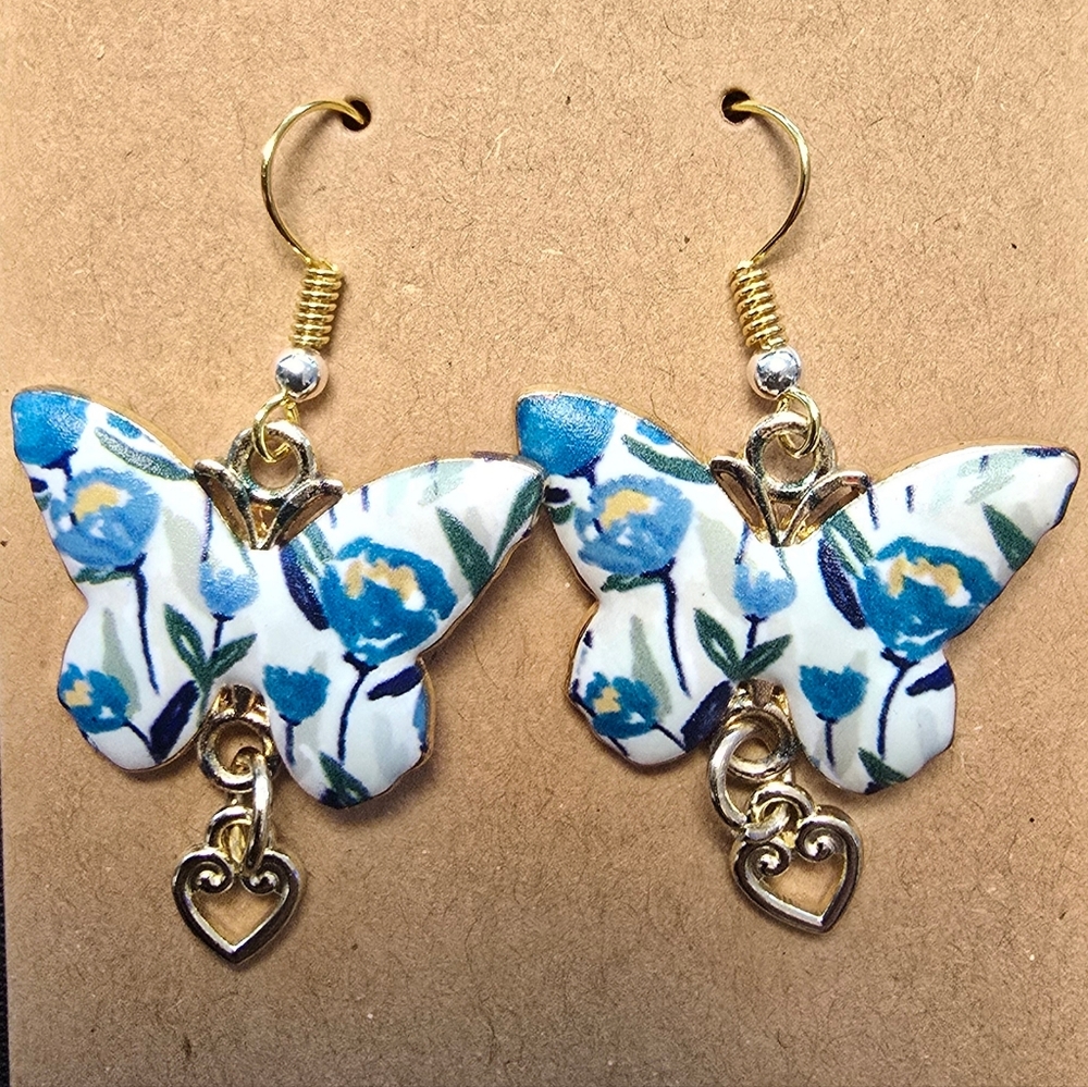 Hand Crafted Blue and White Butterfly Earrings with Gold Accents